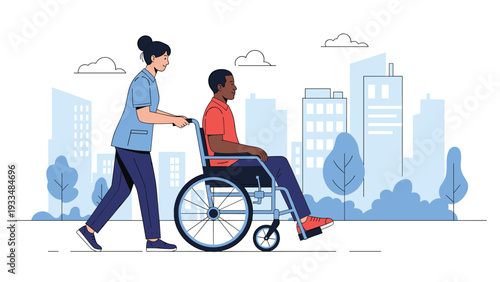 Compassionate nurse in blue scrubs pushes a male patient in a wheelchair through a city park to enjoy fresh air and sunshine.