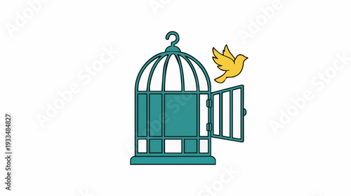 Open birdcage with yellow bird flying out against white background conceptualizing freedom and escape