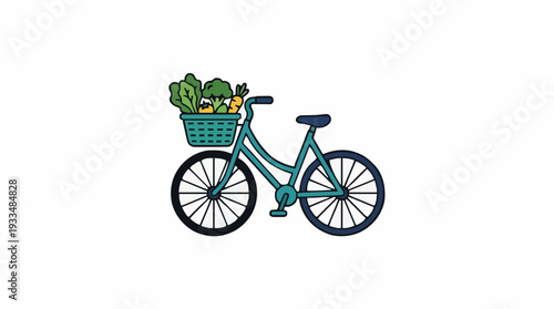 Turquoise bicycle with basket full of fresh produce and vegetables on a white background healthy lifestyle and sustainable transportation concept