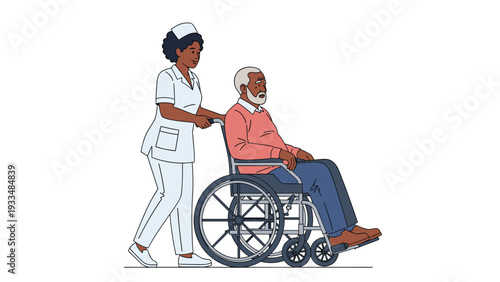 Kind female nurse in a white uniform pushes an elderly man in a wheelchair to help him move around easily in a medical facility or home.