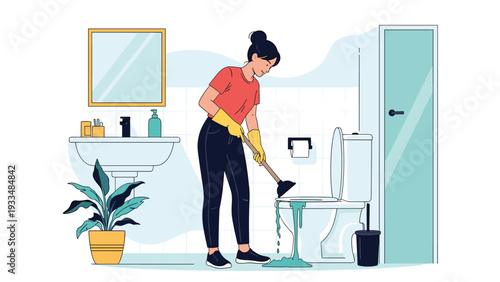 Young woman in casual clothes and yellow gloves uses a plunger to fix a clogged toilet in a clean and modern white bathroom.
