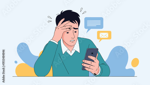 Stressed young man holds his head while looking at worrying messages or emails on his smartphone in a modern and colorful office.