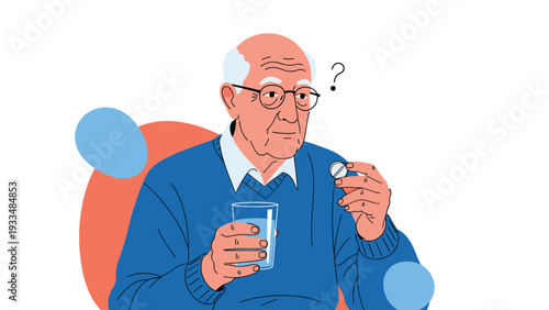 Elderly man with glasses looks thoughtfully at a white pill in his hand while holding a glass of water for his daily medical treatment.
