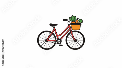Red Bicycle with Orange Basket Filled with Fresh Carrots and Green Leaves Against a Clean White Background