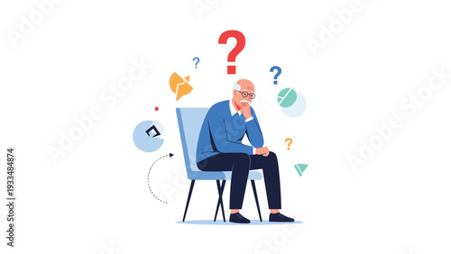 Senior man sits on a chair with several colorful question marks above his head, depicting memory loss or confusion.