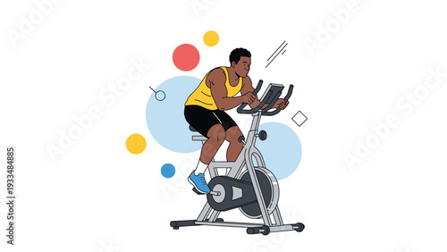Energetic man in a yellow tank top and black shorts exercises hard on a stationary bike to improve his fitness and cardiovascular health.