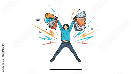 Excited shopper jumps for joy while holding many colorful shopping bags, celebrating a successful day of retail therapy.