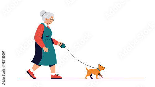 Elderly woman walks her small brown dog on a leash, enjoying a healthy outdoor activity during a pleasant afternoon.