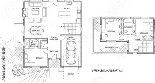Technical 2D vector house floor plan featuring ground level living areas kitchen garage and upper level bedroom layout