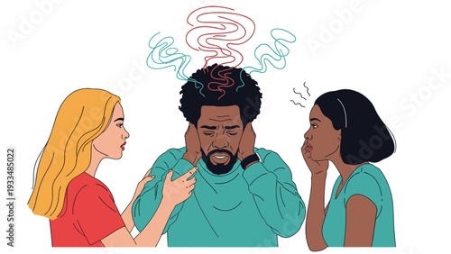 Stressed man covers his ears while two women talk to him simultaneously, representing sensory overload or conflict.
