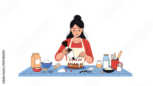 Talented woman wears an apron and carefully decorates a delicious chocolate cake with fresh cherries in her kitchen.