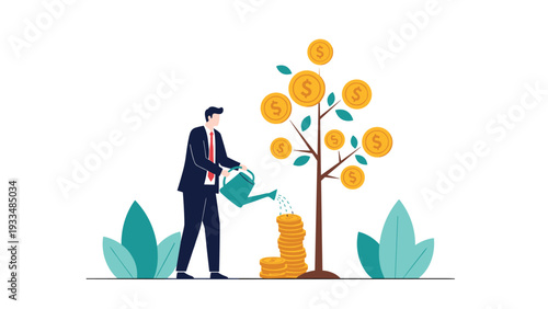 Ambitious businessman waters a money tree with coins, representing long-term financial growth and investment success.