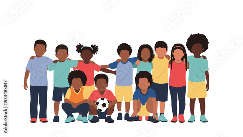 Group of diverse children stand together in a friendly line, holding a soccer ball and showing unity and teamwork.