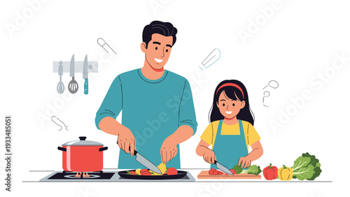 Happy father and daughter spend quality time together while chopping vegetables and cooking a healthy meal in the kitchen.