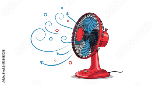 Red electric table fan blows a cool breeze with illustrated wind swirls, providing relief from the summer heat.