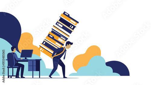 Overworked businessman carries a heavy stack of folders on his back while another employee works at a computer desk.