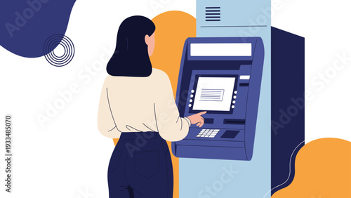 Woman with dark hair stands at an ATM machine, entering her pin to withdraw money or check her bank account balance.