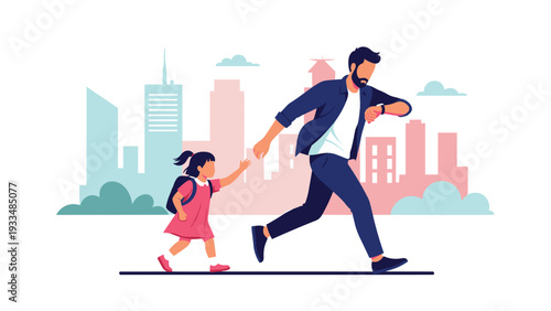 Anxious father checks his watch while running and leading his young daughter to school, showing a morning rush.