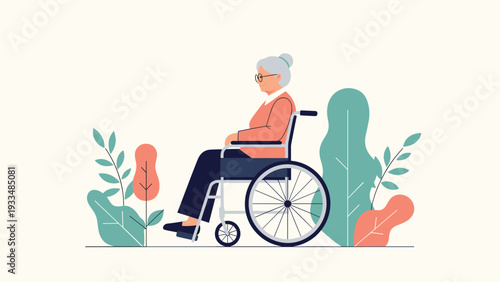 Senior woman with grey hair sits in a wheelchair outdoors, surrounded by green plants and a peaceful garden setting.