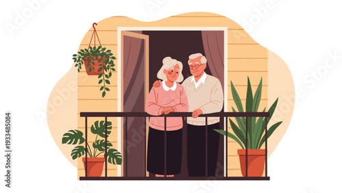 Loving elderly couple stands together on their apartment balcony, enjoying the view and the fresh air among potted plants.
