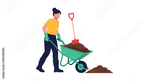 Hardworking woman pushes a green wheelbarrow filled with dark soil, preparing her garden for planting new flowers.