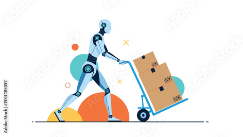 Advanced robot pushes a hand truck loaded with cardboard boxes, illustrating automation in warehouse and logistics.
