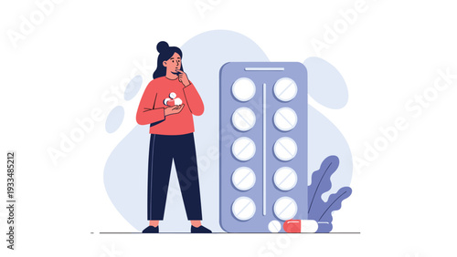 Concerned woman stands beside an oversized blister pack of pills thinking about medical treatments or healthcare costs illustration.