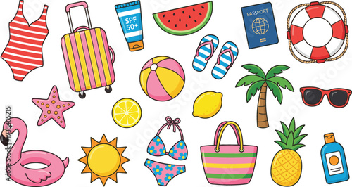Flat vector illustration of summer vacation beach accessories set including swimwear suitcase sunglasses passport sunscreen pineapple and tropical elements isolated on white.