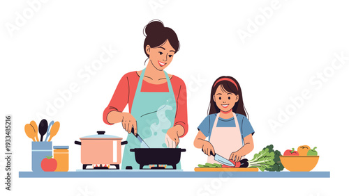 Mother and her young daughter wearing matching aprons spend quality time together cooking a healthy meal with vegetables in the kitchen.