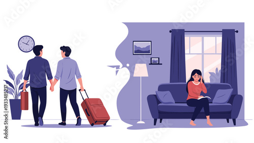 Emotional split screen showing a couple leaving with luggage while a lonely woman sits sadly on her sofa at home missing someone.