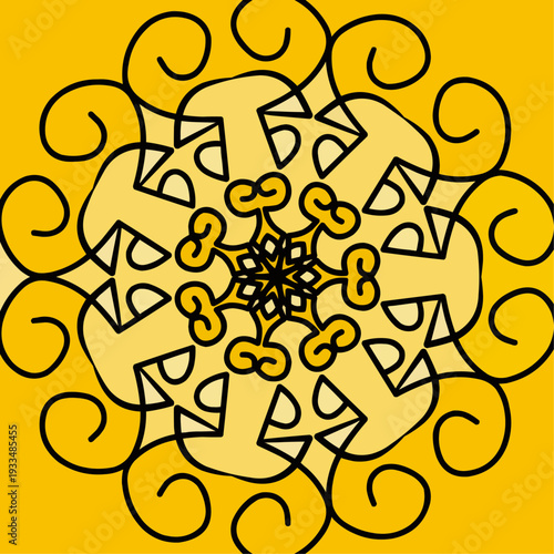 Black and yellow mandala design element for decoration and ornamental purposes in graphic projects and prints perfectly symmetrical