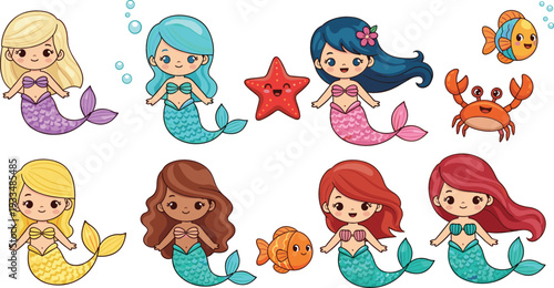 Flat vector illustration set of cute diverse mermaid characters with colorful tails and hair including sea friends like starfish crab and fish isolated on white.