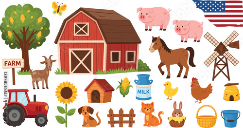 Flat vector illustration set of traditional farm elements including red barn tractor windmill livestock sunflower and American flag isolated on white background.