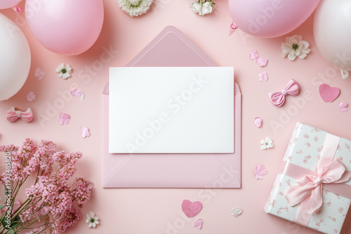 Blank greeting card mockup on a pink background with a gift box, balloons, and flowers. Feminine flat lay composition for wedding, birthday, or Valentine's Day. Top view with copy space