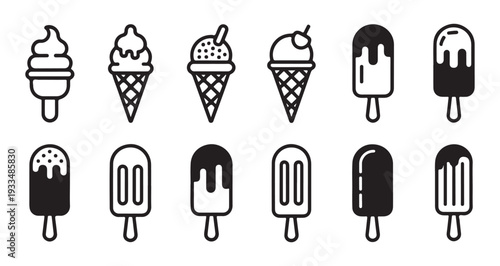 Modern flat design icons featuring various ice cream types and frozen desserts