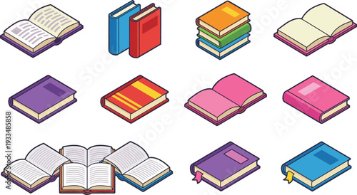 Isometric book collection vector illustration featuring open and closed textbooks journals and novels in colorful covers isolated on white background for education design.