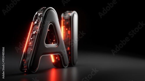 Futuristic glowing red and black 3D stylized letters A and I with complex internal circuits, symbol for artificial intelligence