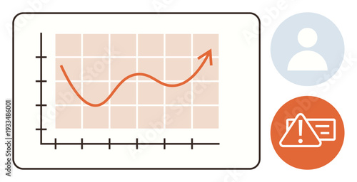 Business analytics, data growth, risk management, user interface, decision-making processes, financial forecasting. A graph shows an upward trend, user profile and alert symbol. Business analytics
