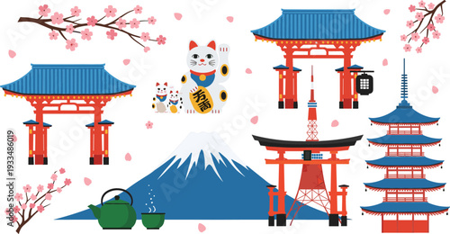 Japanese travel and culture collection vector illustration featuring Mount Fuji torii gates pagoda maneki-neko lucky cat cherry blossoms and traditional tea set isolated on white.