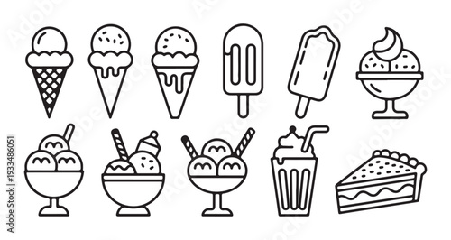 Ice cream line icons set with sweet frozen dessert collection of popsicles sundae cones and tasty sorbet