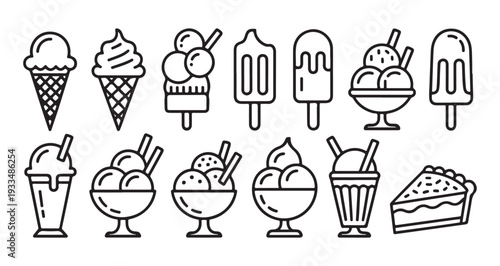 Ice cream set line icon vector illustration, sweets in a waffle cone and in cup with topping
