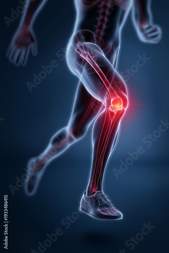 3D medical illustration of knee pain and joint injury in runner athlete, human leg anatomy showing inflammation and arthritis concept.