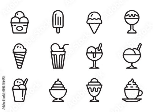 Elegant line art icons representing ice cream sundaes cones and frozen treats