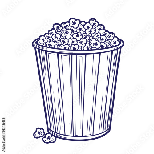 Of a bucket filled with popcorn cartoon blue lines white background