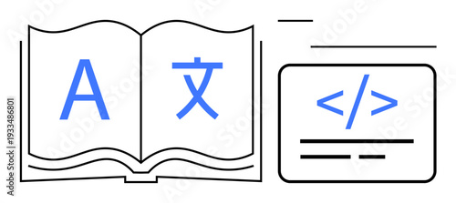 Language learning, coding education, translation services, digital tools, programming concepts, international communication. Open book with translation symbols and coding icon. Language learning