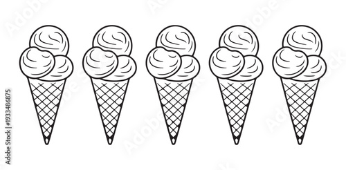 Five outline ice cream scoop cones black and white doodle drawing vector illustration isolated on white