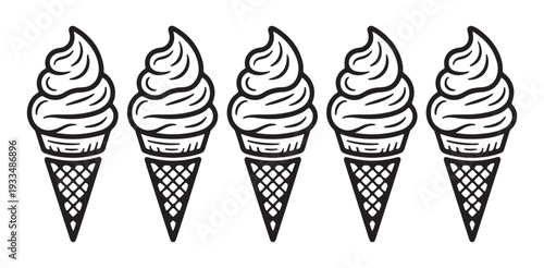 Five outline soft serve ice cream cones black and white doodle drawing vector illustration isolated on white