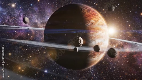 Stunning cosmic view of a planet with rings and moons.
