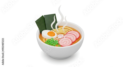 A steaming bowl of ramen with egg, vegetables, and meat, depicted in a digital illustration from a top-down viewpoint
