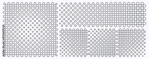 Fiber honeycomb pattern with outlined hexagonal cells in gradient arrangement on light gray background. Breathable technical mesh texture. Concept of modern textile engineering and ventilation design